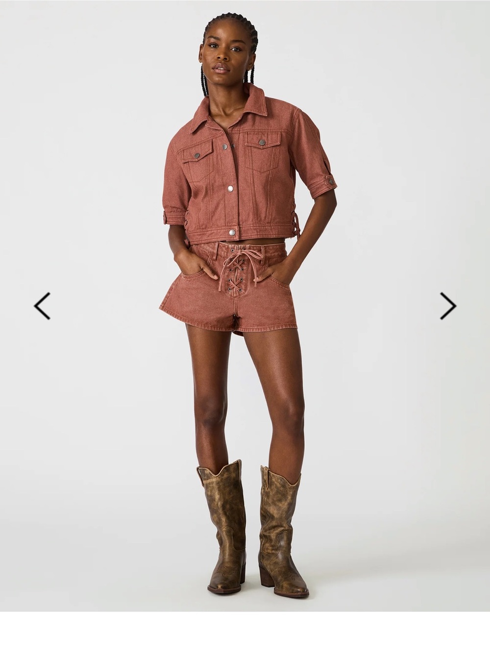 Steve Madden Cropped Rust Denim Jacket and Lace-Up Shorts Set - Picture 2 of 3